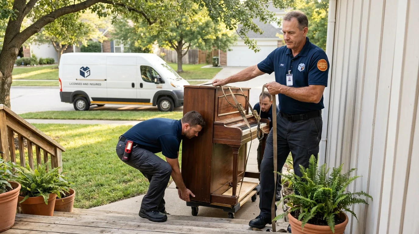 Licensed piano movers securing grand piano in Sidney, OH