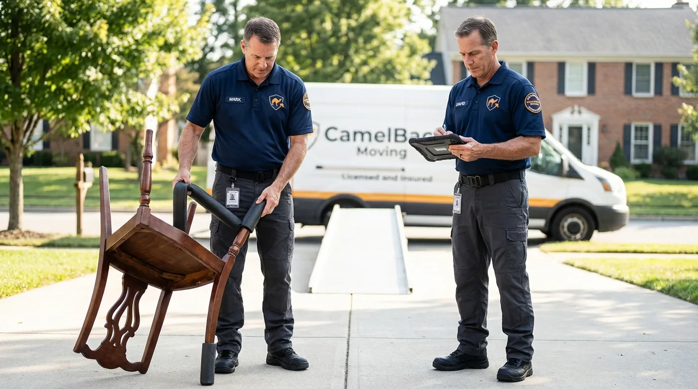 Movers inspecting furniture for damage prevention before loading in Sidney, OH