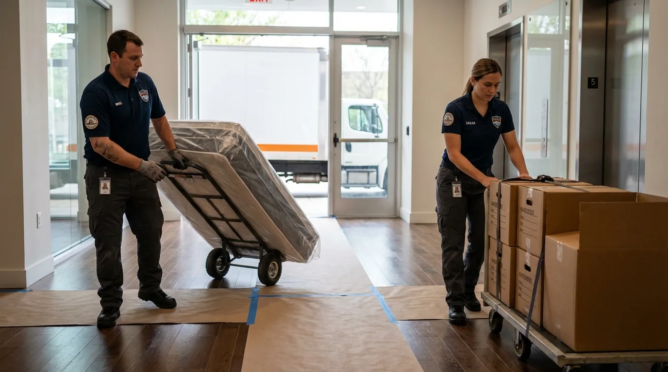 Professional apartment movers loading elevator in Sidney, OH